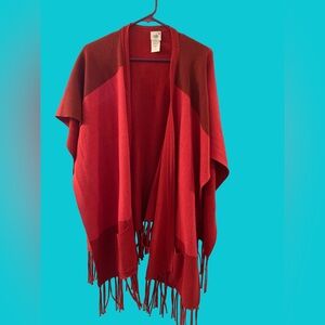 CAbi Red Color Block Knit Fringe Poncho Shawl Sweater Wrap Size Small/X Small